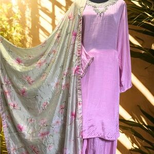 Elegant Thai silk shalwar kameez with silky dupatta. Zardosi Hand work